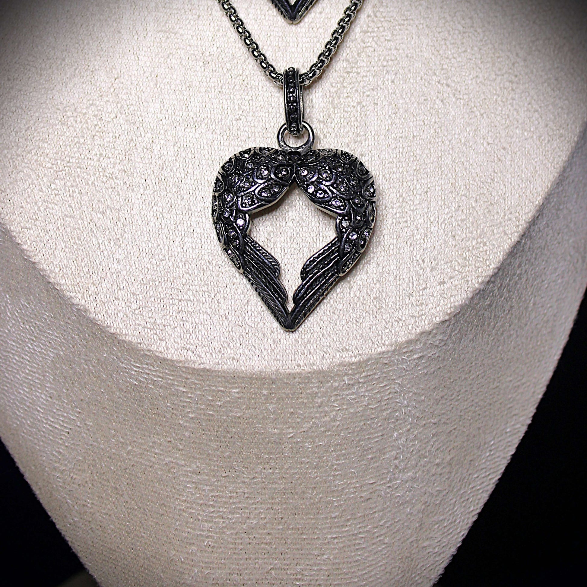 Winged Heart Necklace with Black or Clear Crystal Inlay image 1