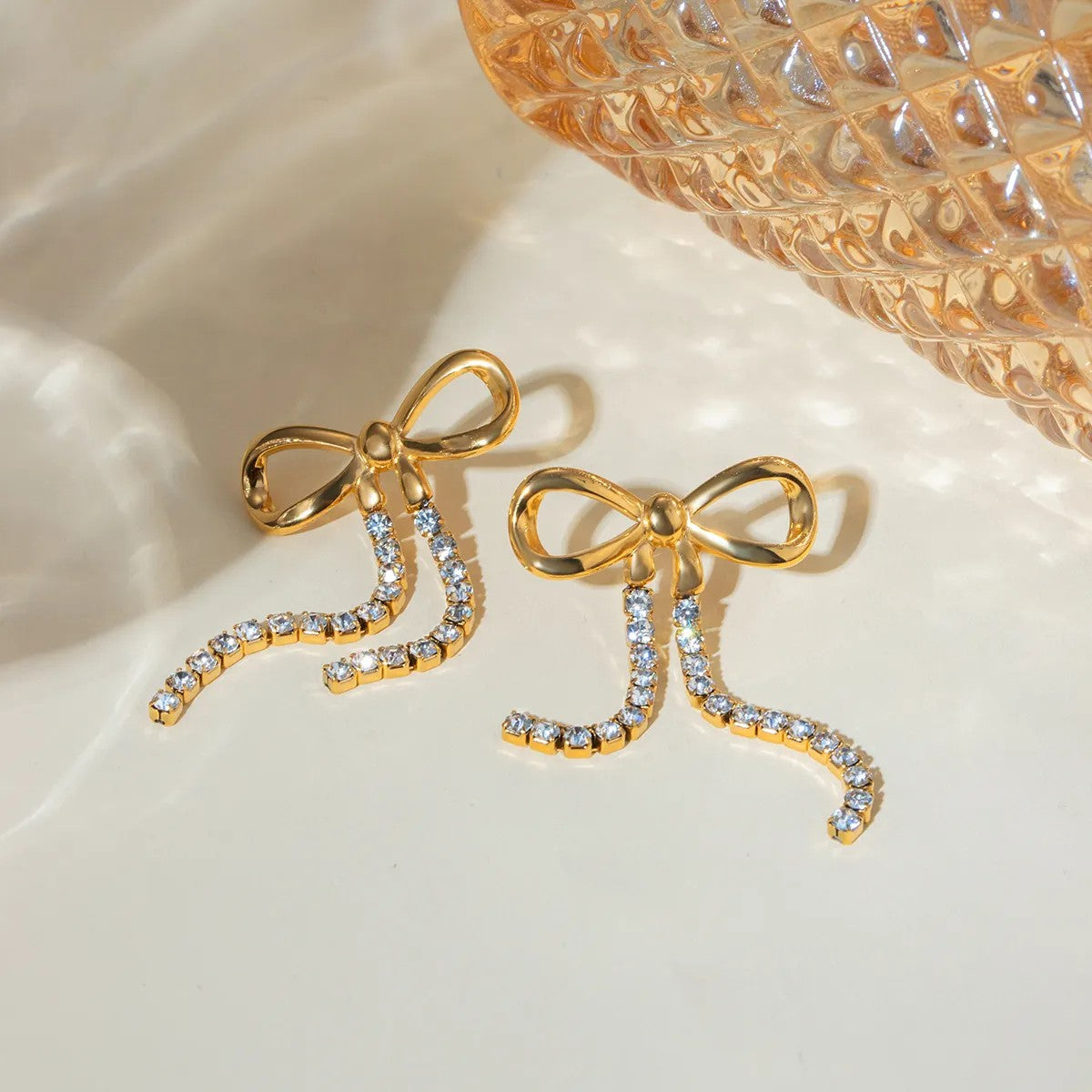 Gold-plated Bow Earrings with Crystal Ribbons