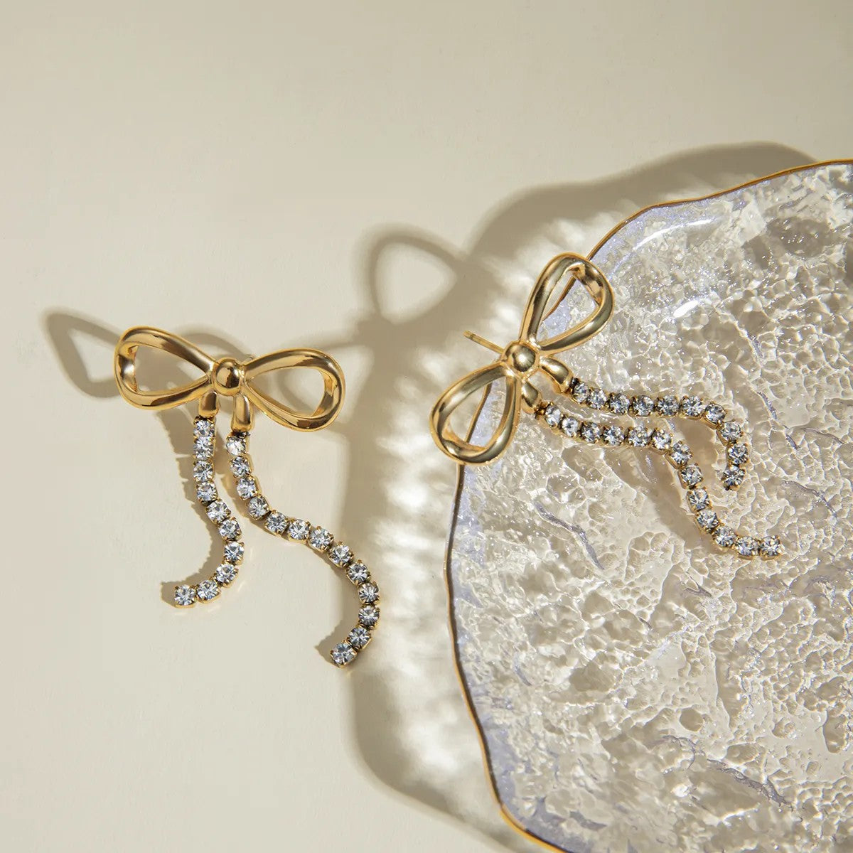 Gold-plated Bow Earrings with Crystal Ribbons