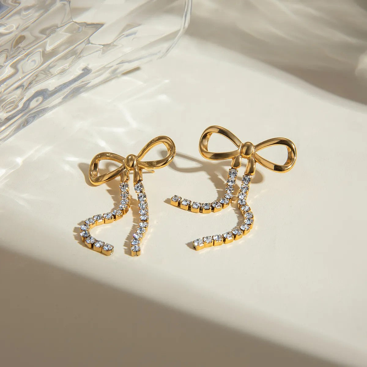 Gold-plated Bow Earrings with Crystal Ribbons