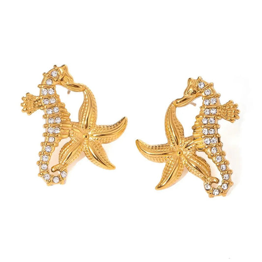 Gold-plated Seahorse and Starfish Earrings with Crystal Pave