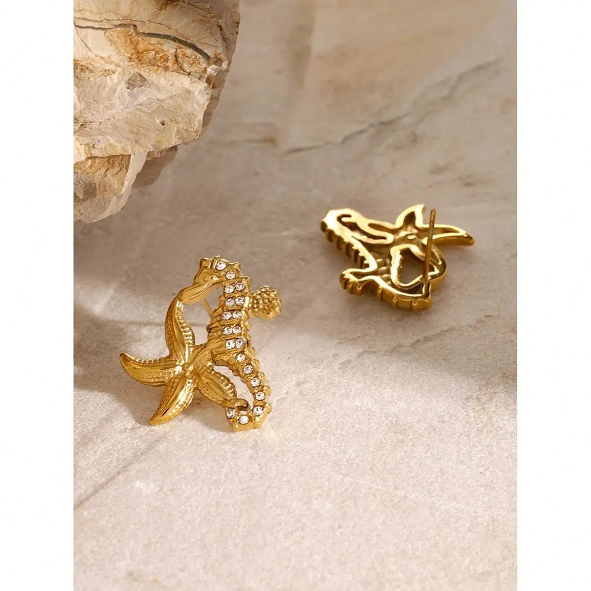 Gold-plated Seahorse and Starfish Earrings with Crystal Pave
