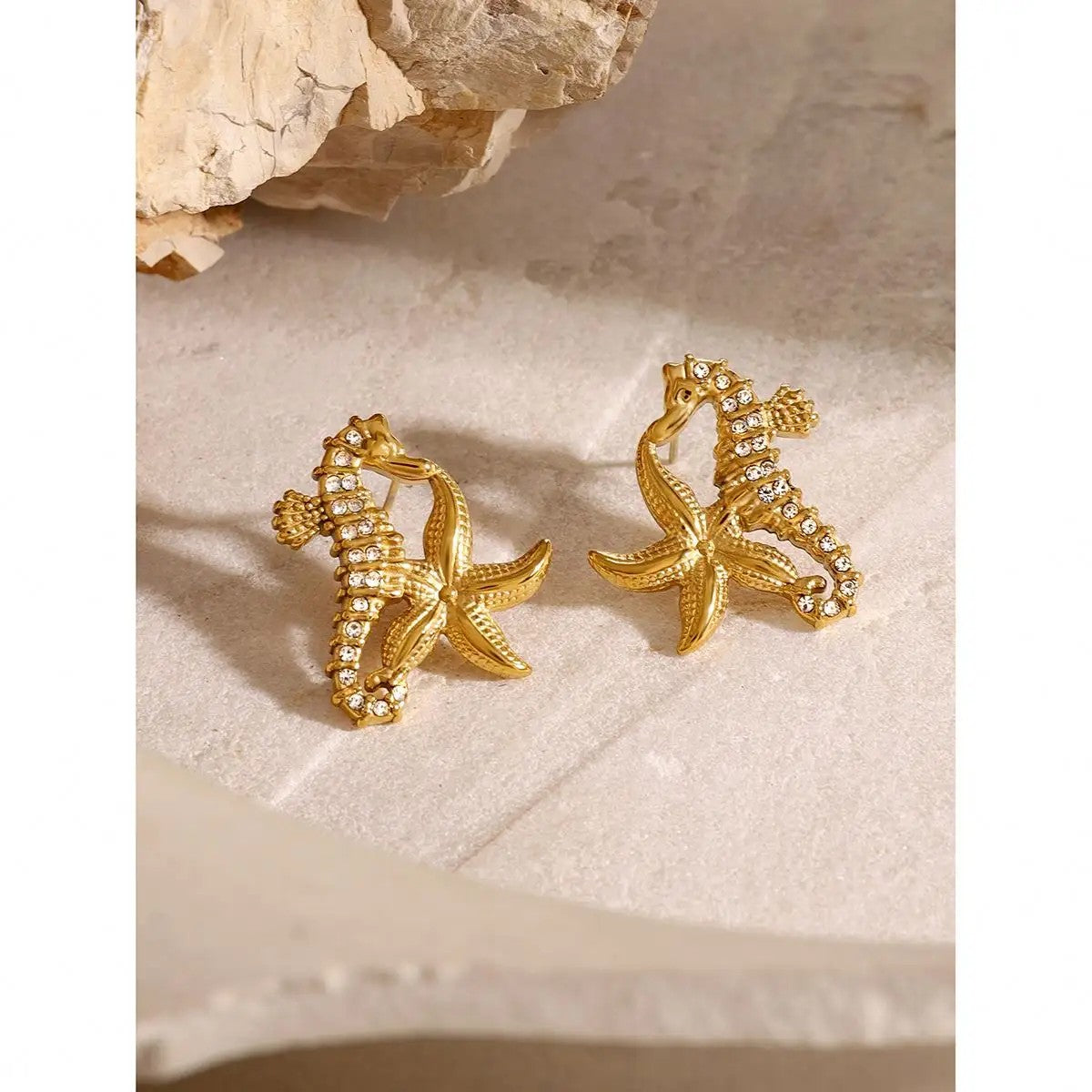 Gold-plated Seahorse and Starfish Earrings with Crystal Pave