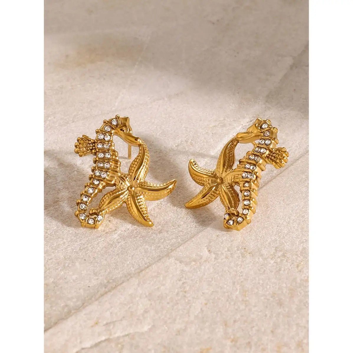 Gold-plated Seahorse and Starfish Earrings with Crystal Pave
