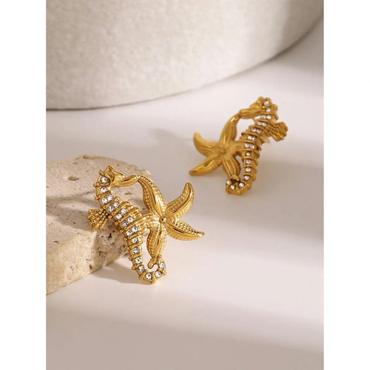 Gold-plated Seahorse and Starfish Earrings with Crystal Pave