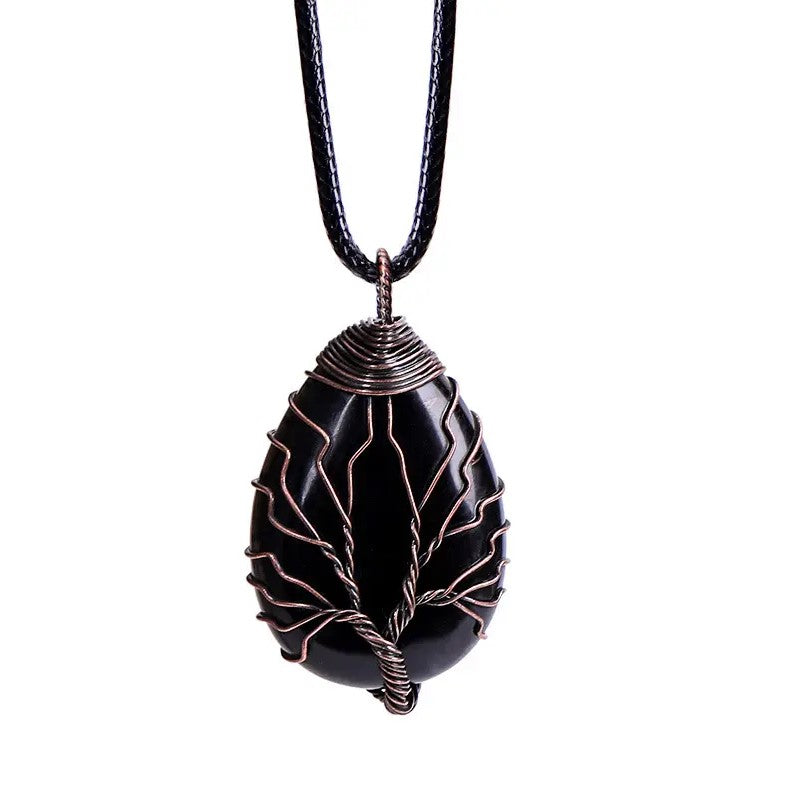 Tree of Life Silver Wire Wrapped Charm Necklace - Obsidian, No Chain image