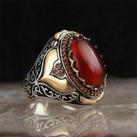 Stainless Steel Oval Cabochon lab-created Ruby Signet Ring