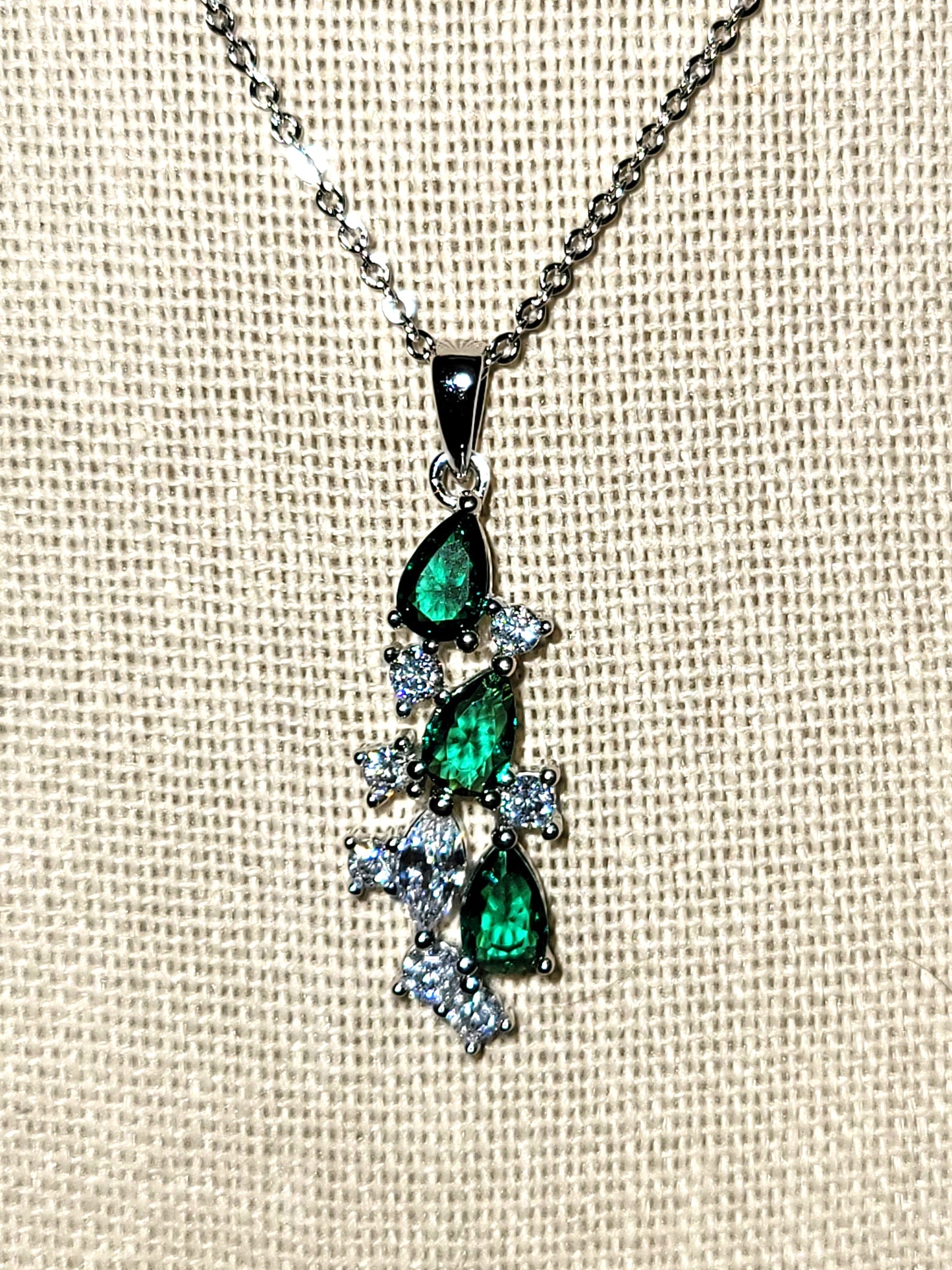 Wendy: Rhodium-plated .925 Sterling Emerald and Diamond Necklace