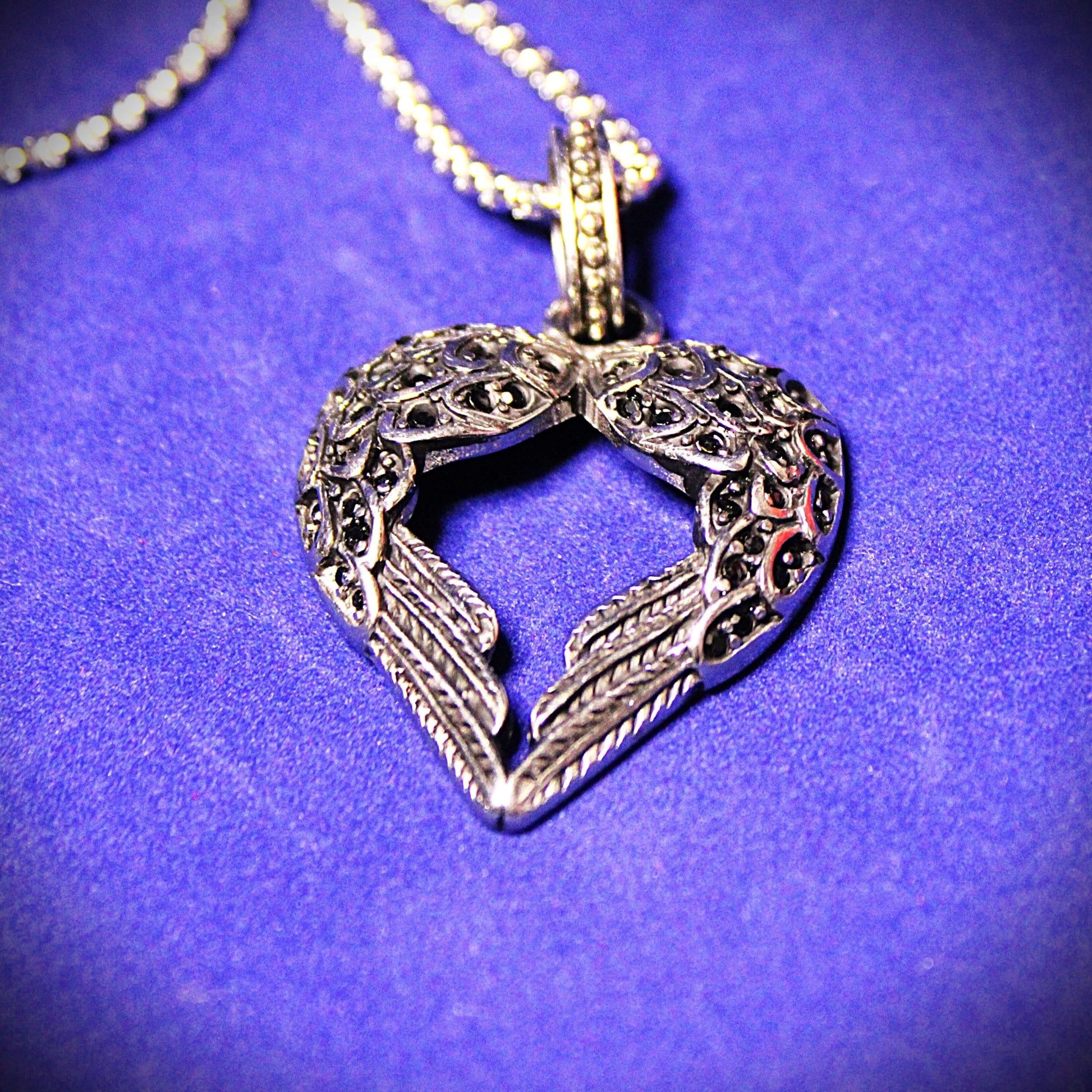 Winged Heart Necklace with Black or Clear Crystal Inlay image