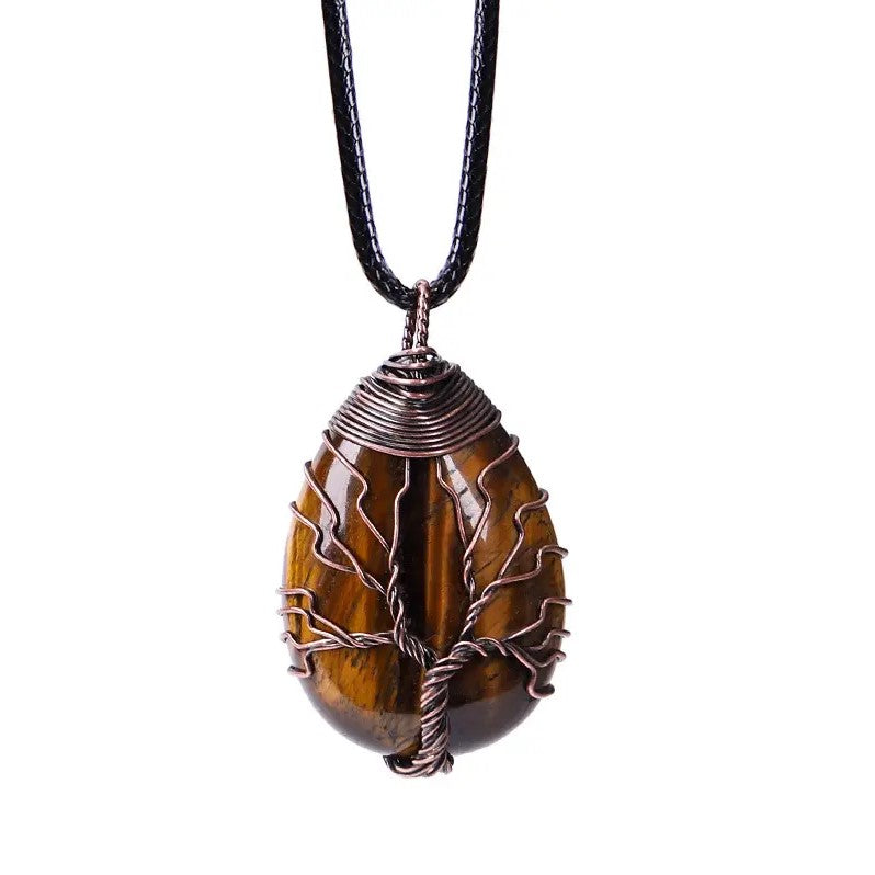 Tree of Life Silver Wire Wrapped Charm Necklace - Tiger Eye, Black Cord image