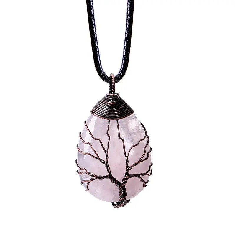 Tree of Life Silver Wire Wrapped Charm Necklace - Rose Quartz, Black Cord image