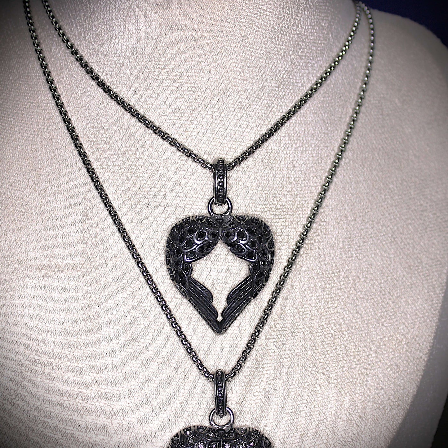 Winged Heart Necklace with Black or Clear Crystal Inlay image 5