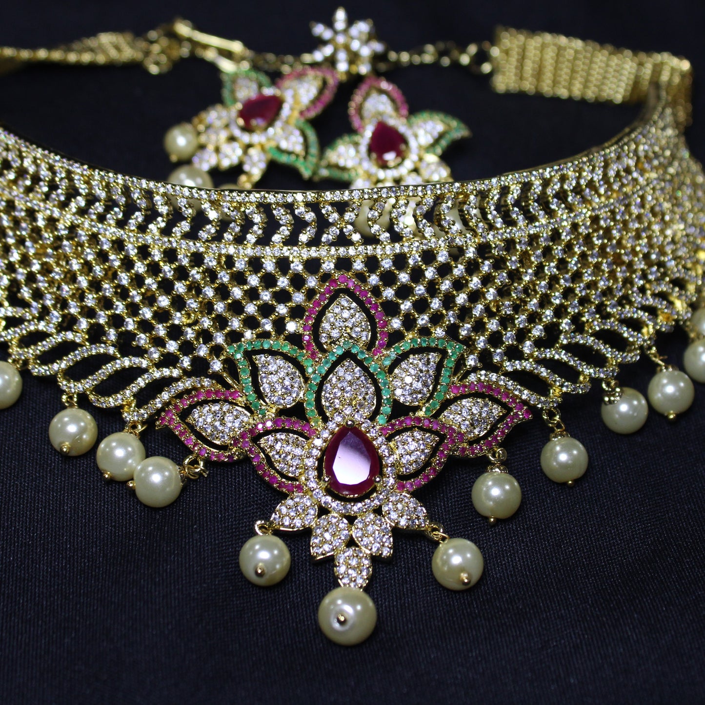 Ada: Teardrop Ruby with Pave Diamonds, Emeralds, Rubies and Cream Pearls