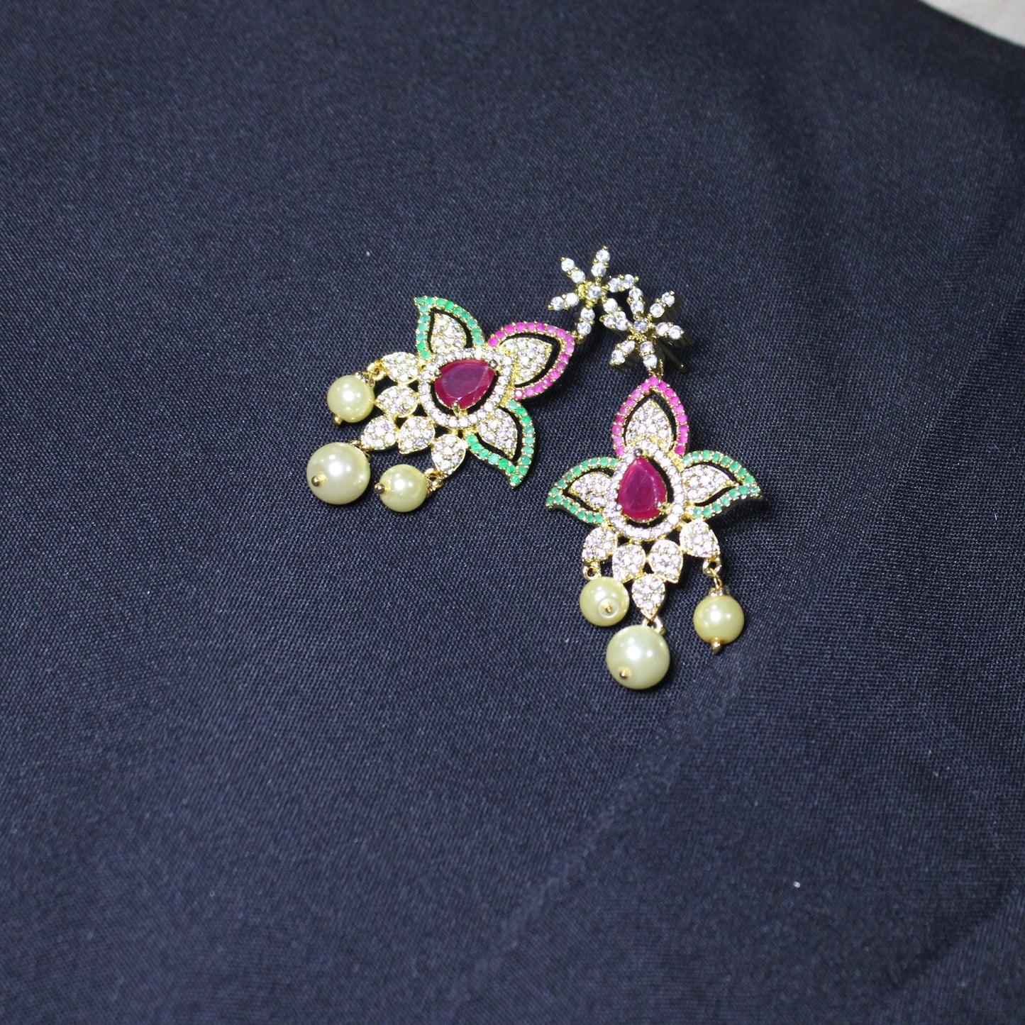 Ada: Teardrop Ruby with Pave Diamonds, Emeralds, Rubies and Cream Pearls