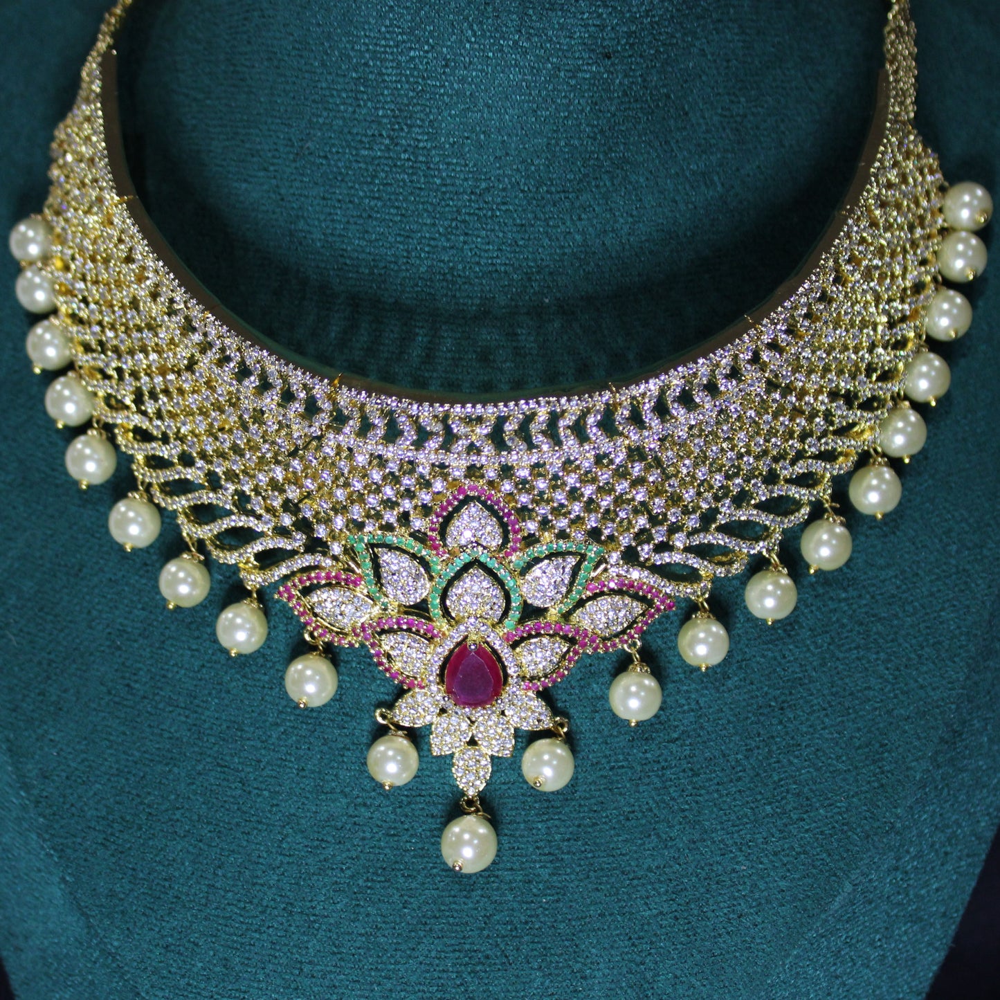 Ada: Teardrop Ruby with Pave Diamonds, Emeralds, Rubies and Cream Pearls