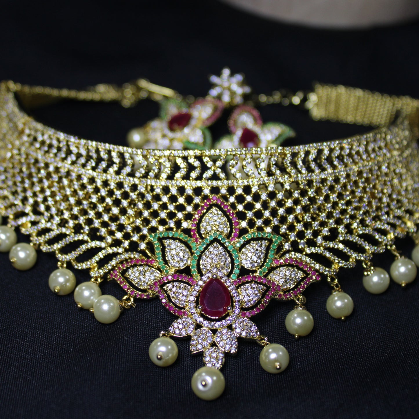 Ada: Teardrop Ruby with Pave Diamonds, Emeralds, Rubies and Cream Pearls
