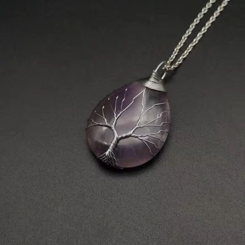 Tree of Life Silver Wire Wrapped Stone Charm Necklace