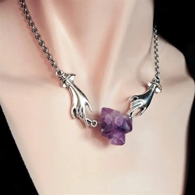Stainless Steel Silver-plated Genuine Amethyst Hand Necklace