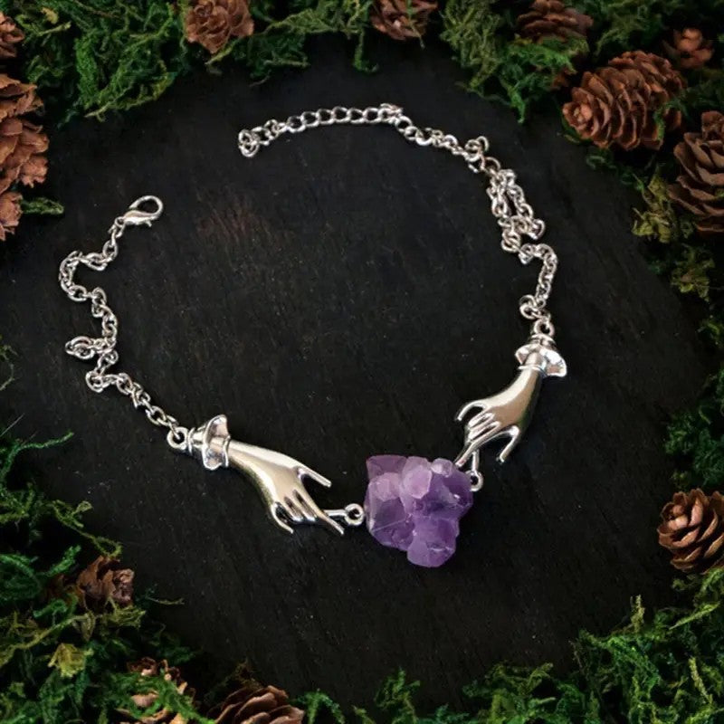 Stainless Steel Silver-plated Genuine Amethyst Hand Necklace