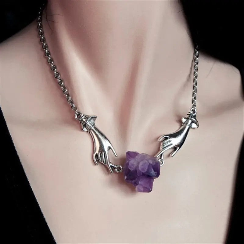 Stainless Steel Silver-plated Genuine Amethyst Hand Necklace