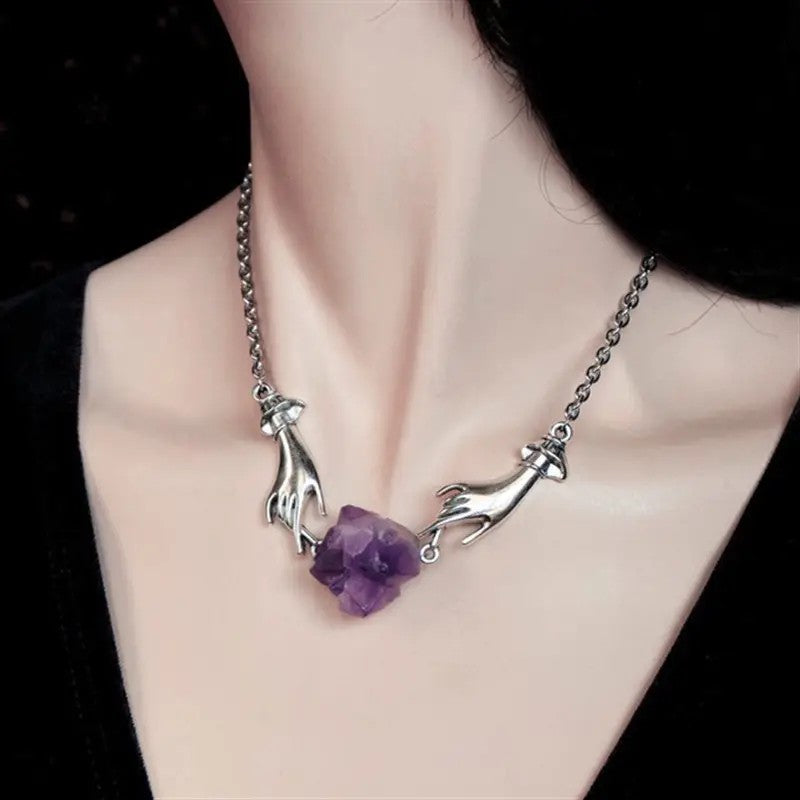 Stainless Steel Silver-plated Genuine Amethyst Hand Necklace