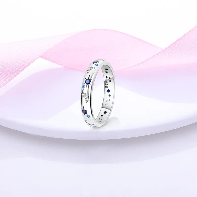 Silver-plated Blue Star and Crystal Moon Ring