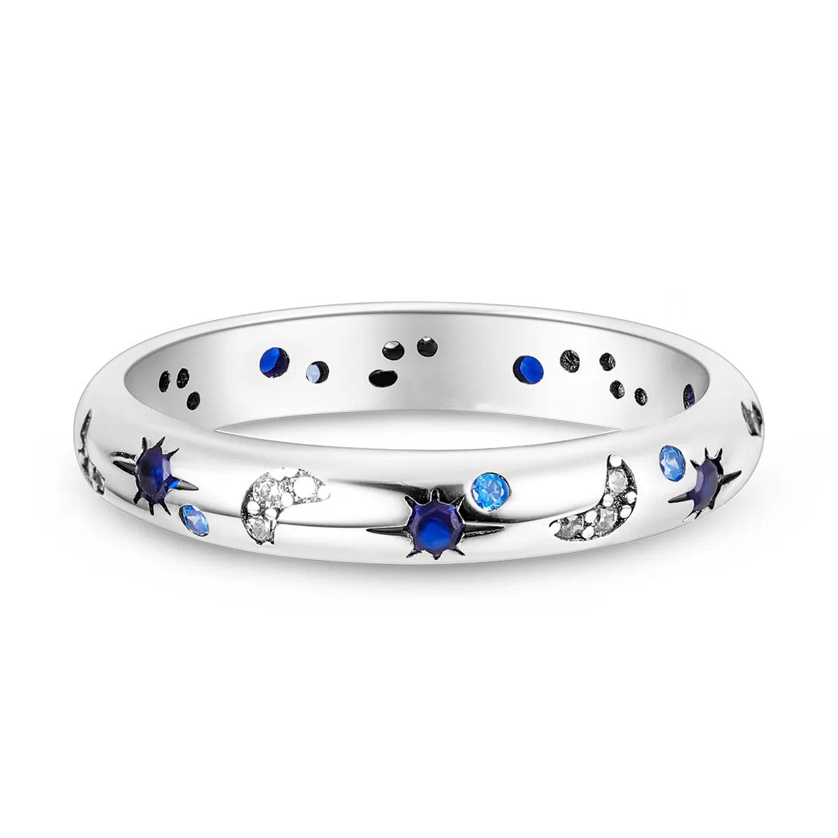Silver-plated Blue Star and Crystal Moon Ring