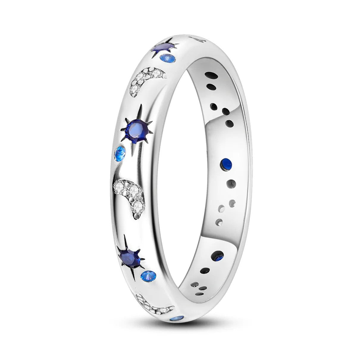 Silver-plated Blue Star and Crystal Moon Ring