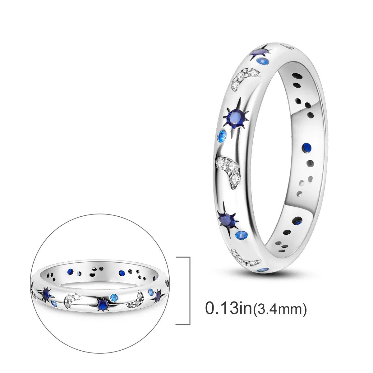 Silver-plated Blue Star and Crystal Moon Ring
