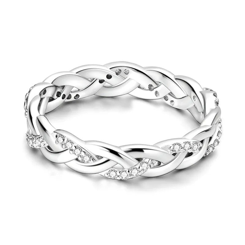 Silver-plated White Crystal Pave Braided Band Ring