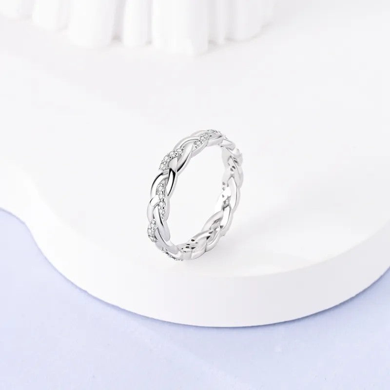 Silver-plated White Crystal Pave Braided Band Ring