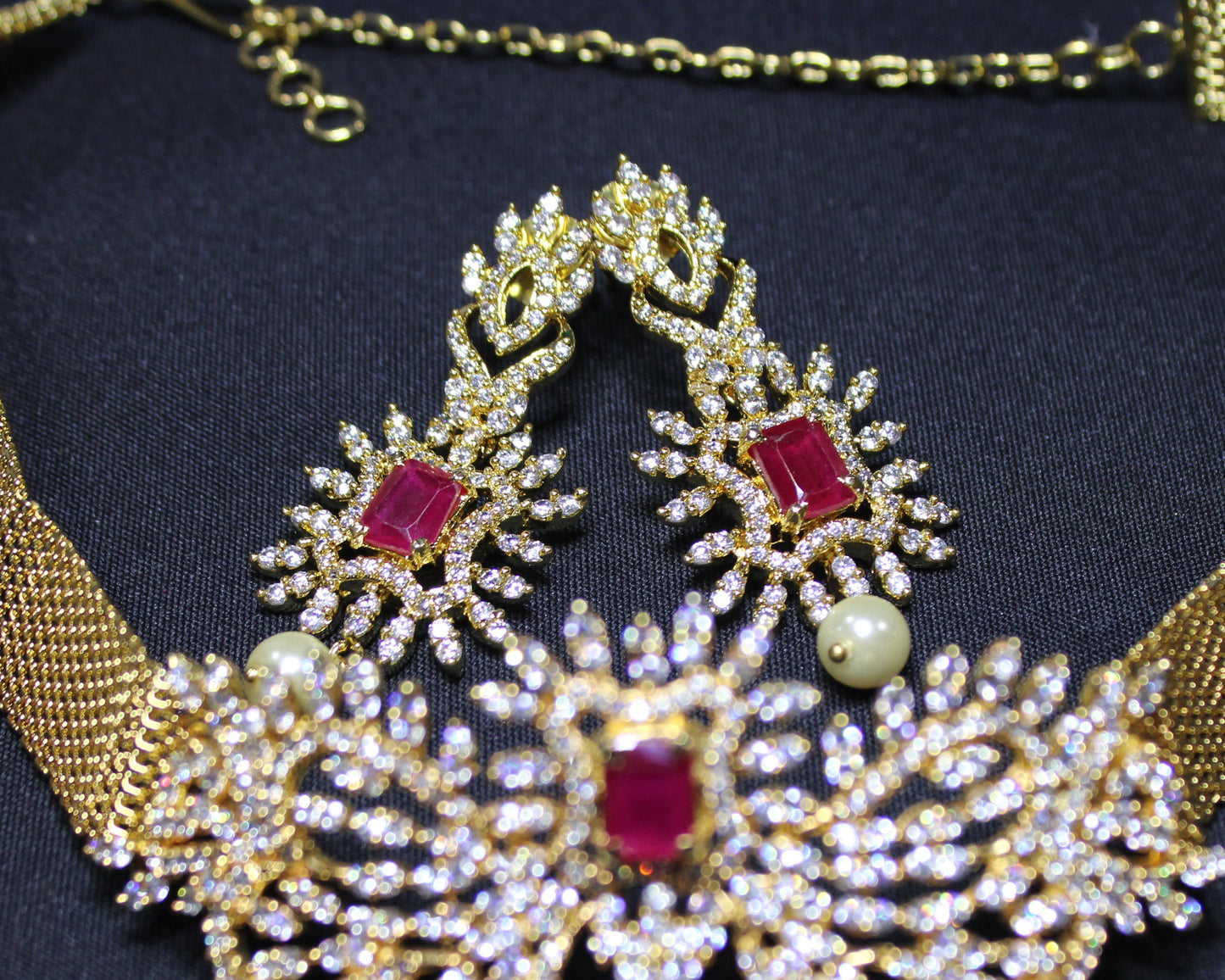 Cheyenne: Emerald cut Ruby with Pave Diamond and Cream Pearl Choker