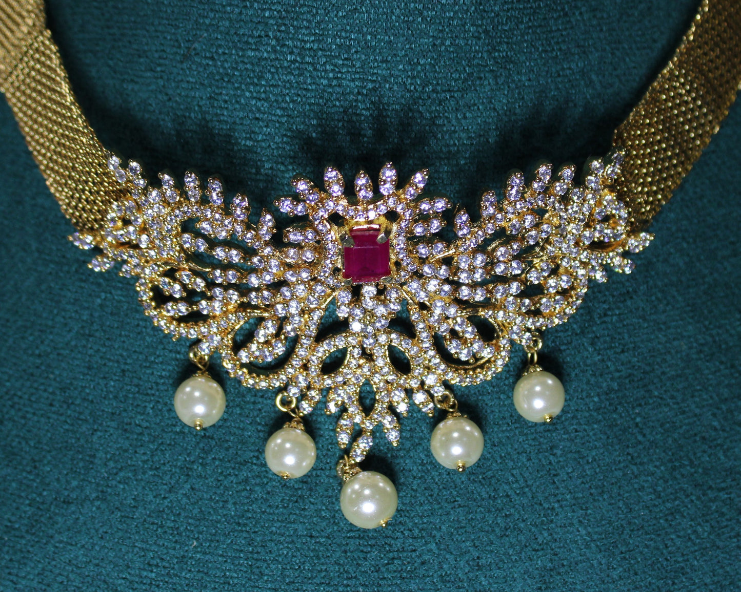 Cheyenne: Emerald cut Ruby with Pave Diamond and Cream Pearl Choker