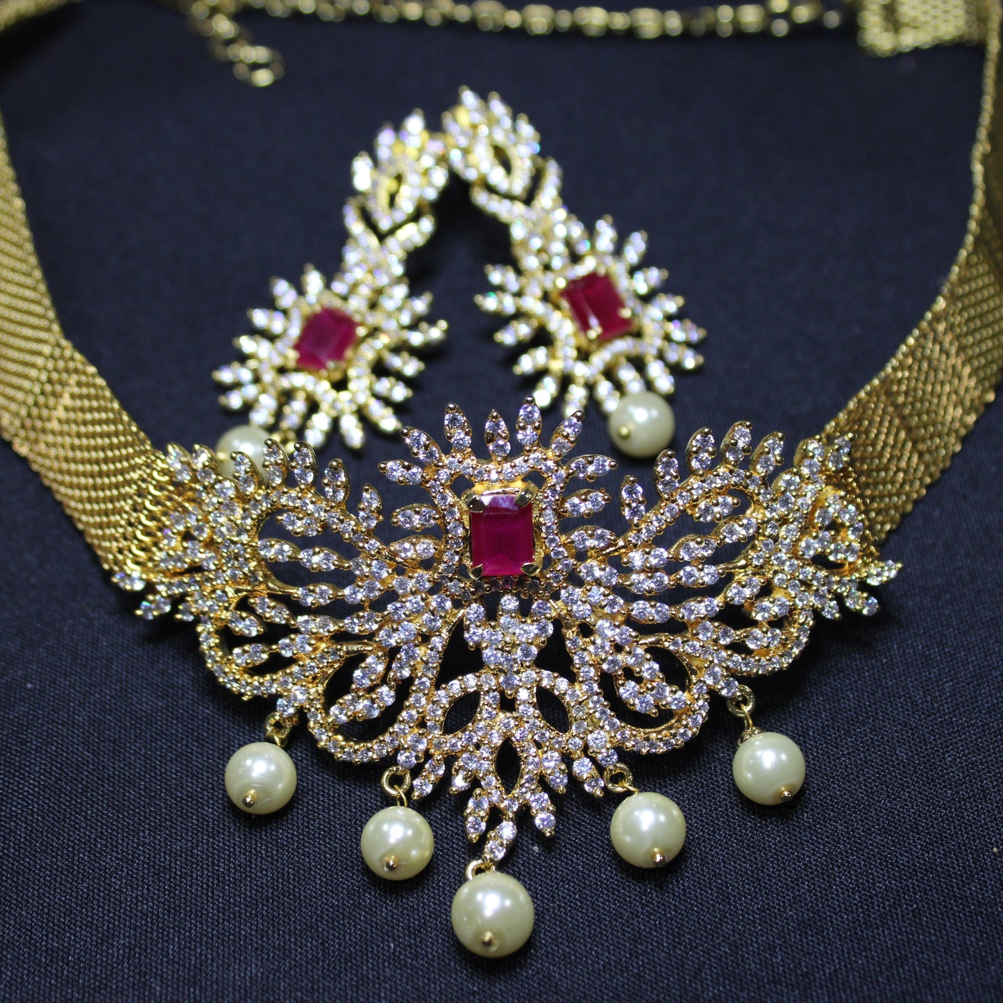 Cheyenne: Emerald cut Ruby with Pave Diamond and Cream Pearl Choker