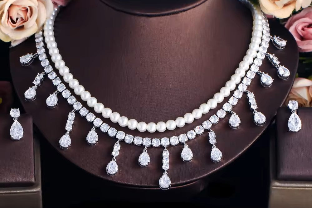 Reagan: Double Strand lab-created Pearl and Diamond Choker Necklace and Earrings Set