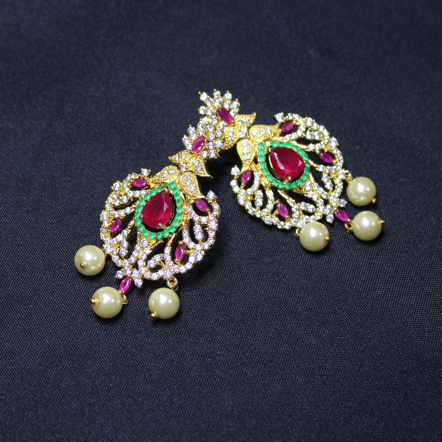 Eva: Diamond Pave Choker with Teardrop and Marquise Rubies, Pave Emeralds and Diamonds with Pearl Drops (Set)