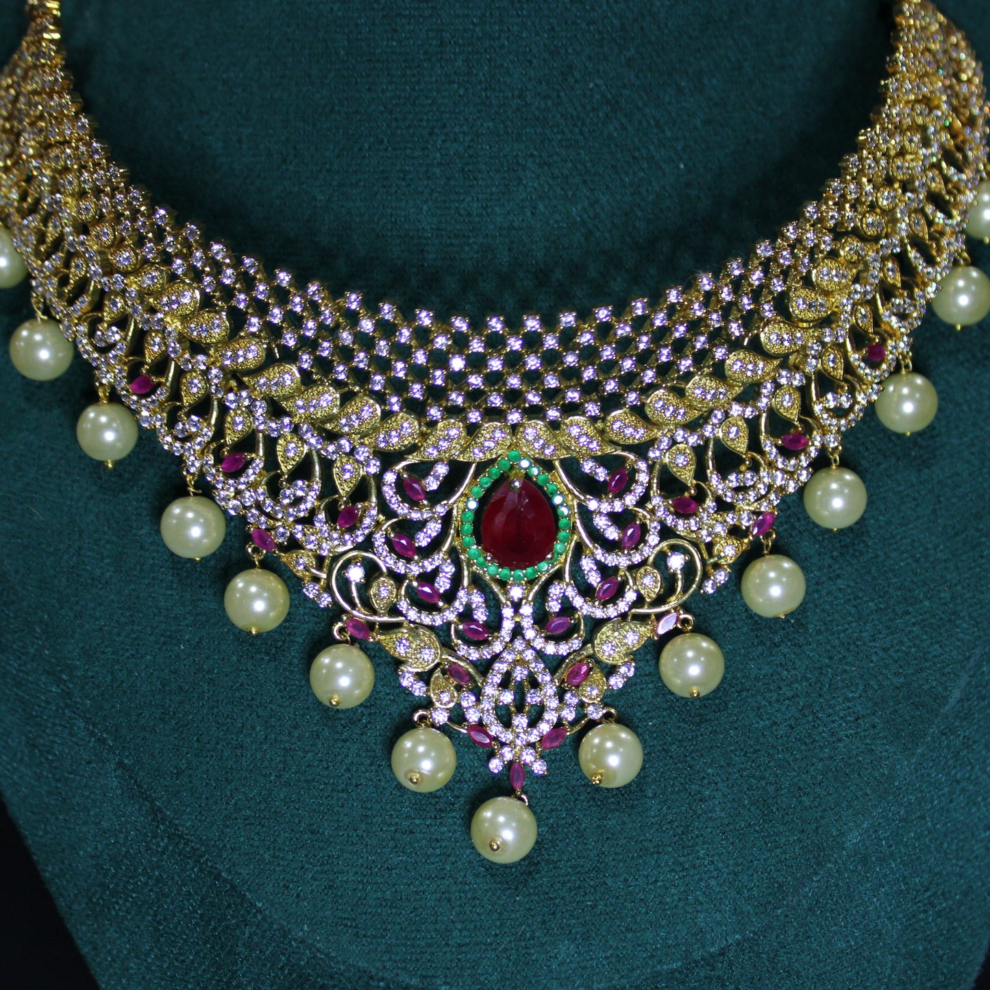 Eva: Diamond Pave Choker with Teardrop and Marquise Rubies, Pave Emeralds and Diamonds with Pearl Drops (Set)