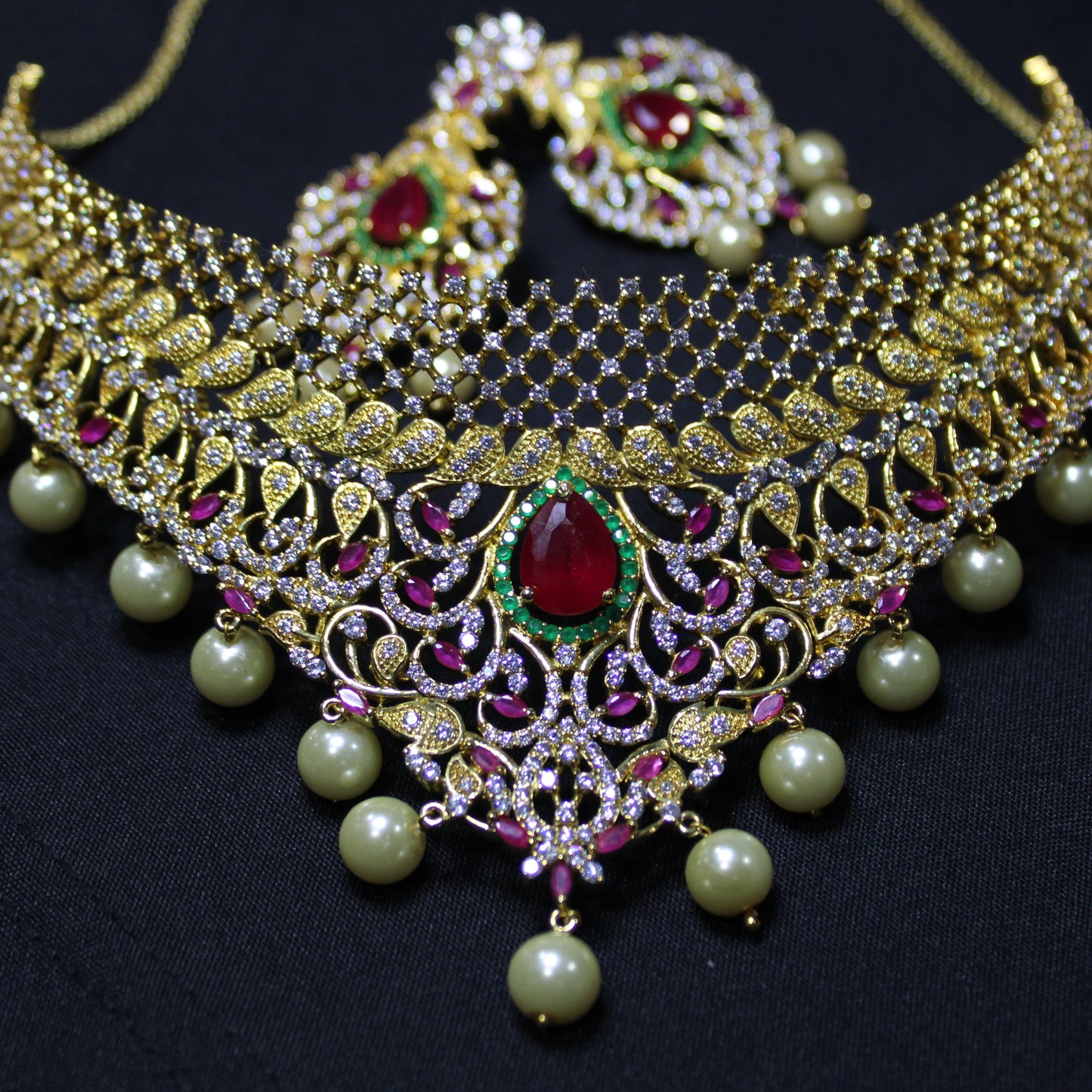 Eva: Diamond Pave Choker with Teardrop and Marquise Rubies, Pave Emeralds and Diamonds with Pearl Drops (Set)