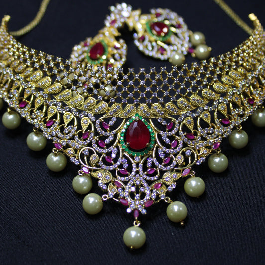 Eva: Diamond Pave Choker with Teardrop and Marquise Rubies, Pave Emeralds and Diamonds with Pearl Drops (Set)
