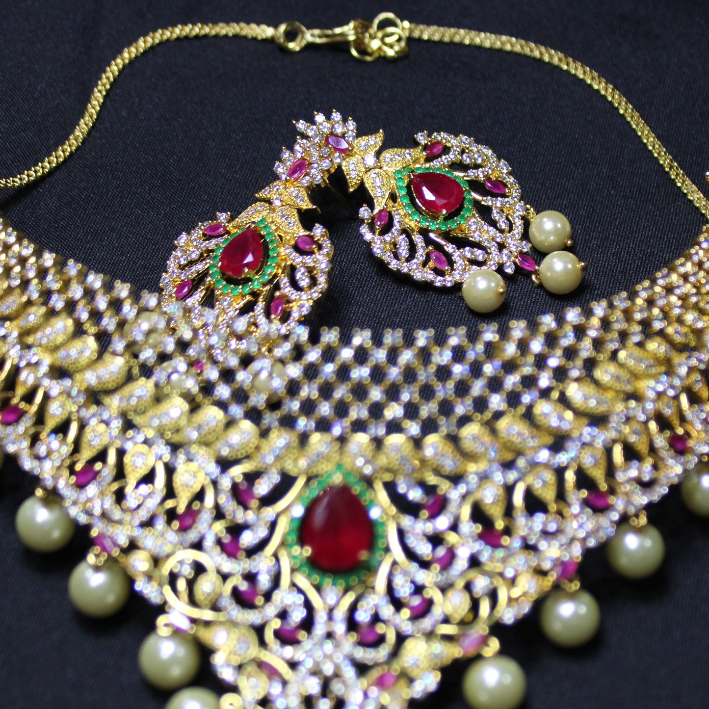 Eva: Diamond Pave Choker with Teardrop and Marquise Rubies, Pave Emeralds and Diamonds with Pearl Drops (Set)
