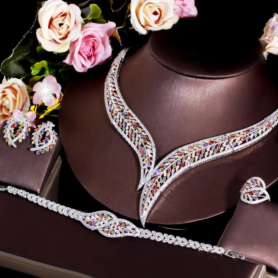 Cynthia: Multi-Color lab-created Baguette Four Piece Leaf Set (Necklace, earrings, bracelet and ring)