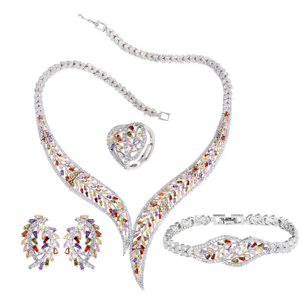 Cynthia: Multi-Color lab-created Baguette Four Piece Leaf Set (Necklace, earrings, bracelet and ring)
