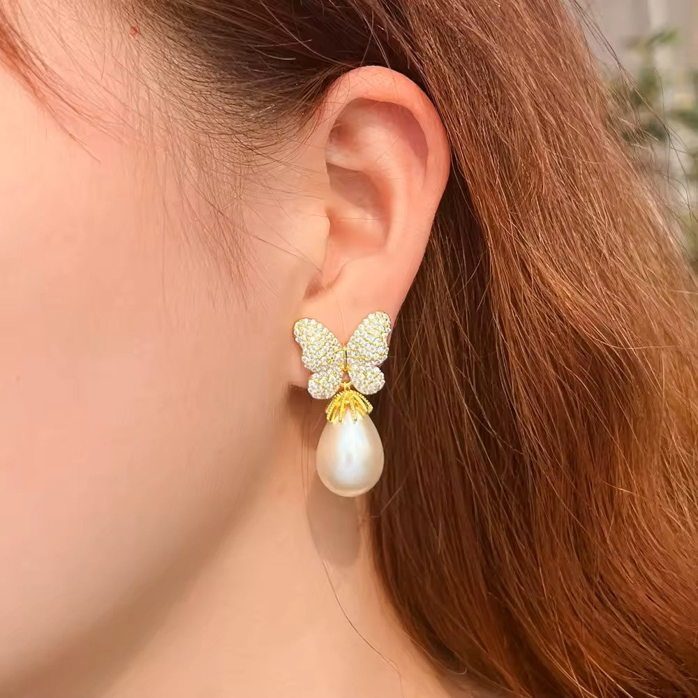 Diamond Pave (lab-created) Butterfly Pearl Earrings