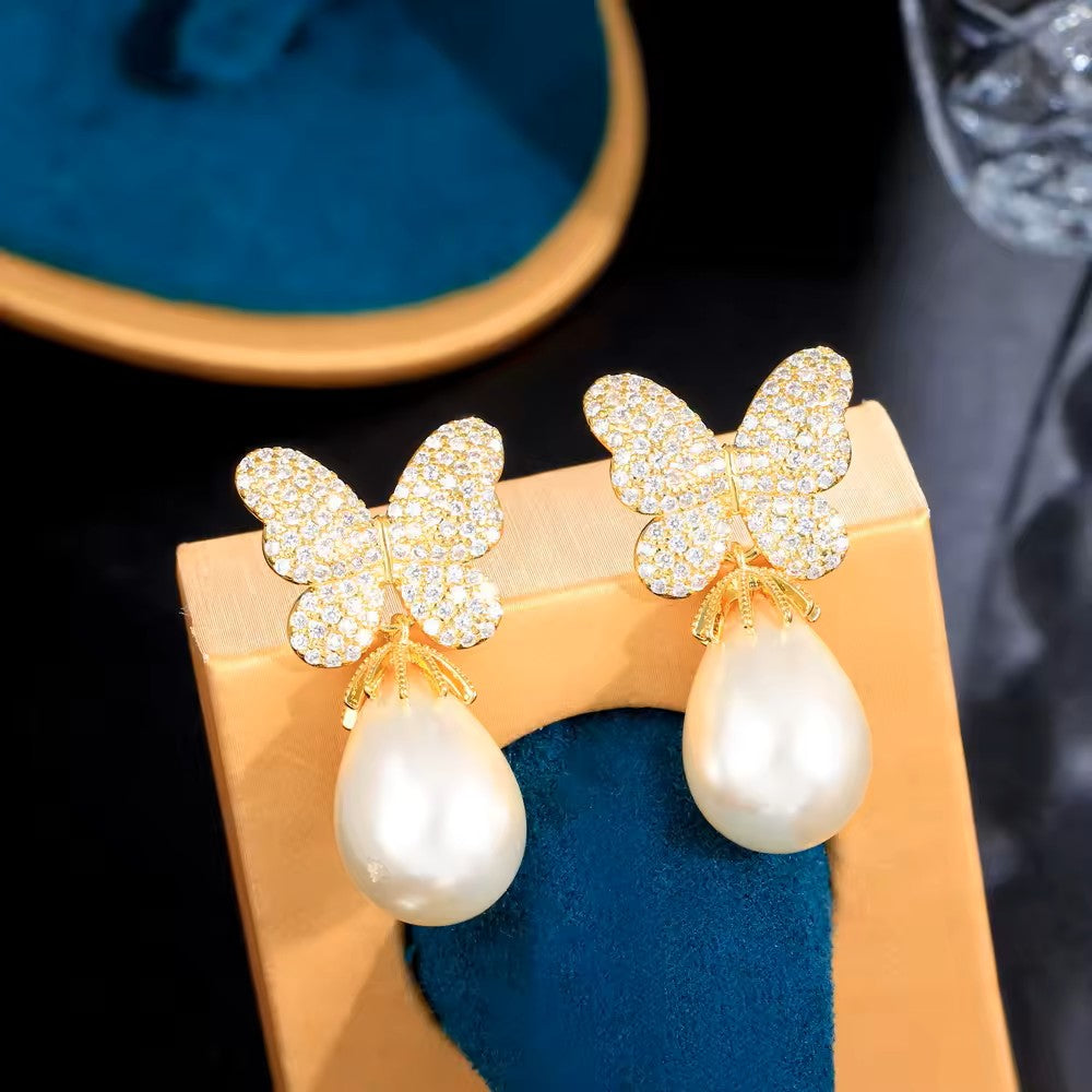 Diamond Pave (lab-created) Butterfly Pearl Earrings