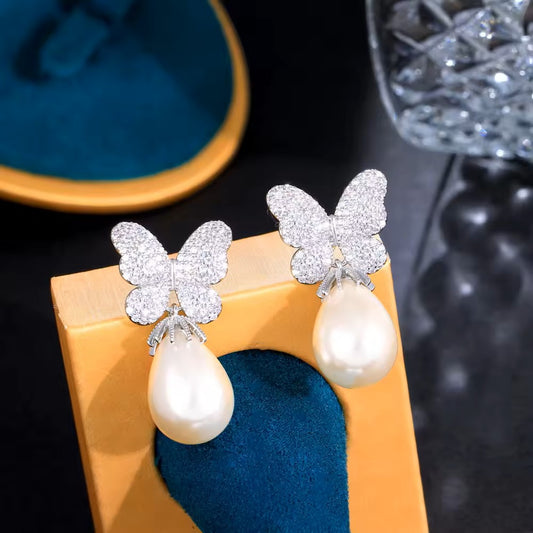 Diamond Pave (lab-created) Butterfly Pearl Earrings