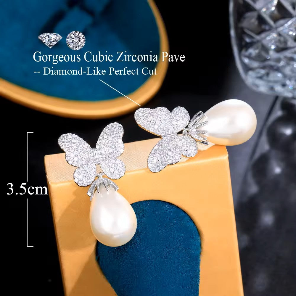 Diamond Pave (lab-created) Butterfly Pearl Earrings