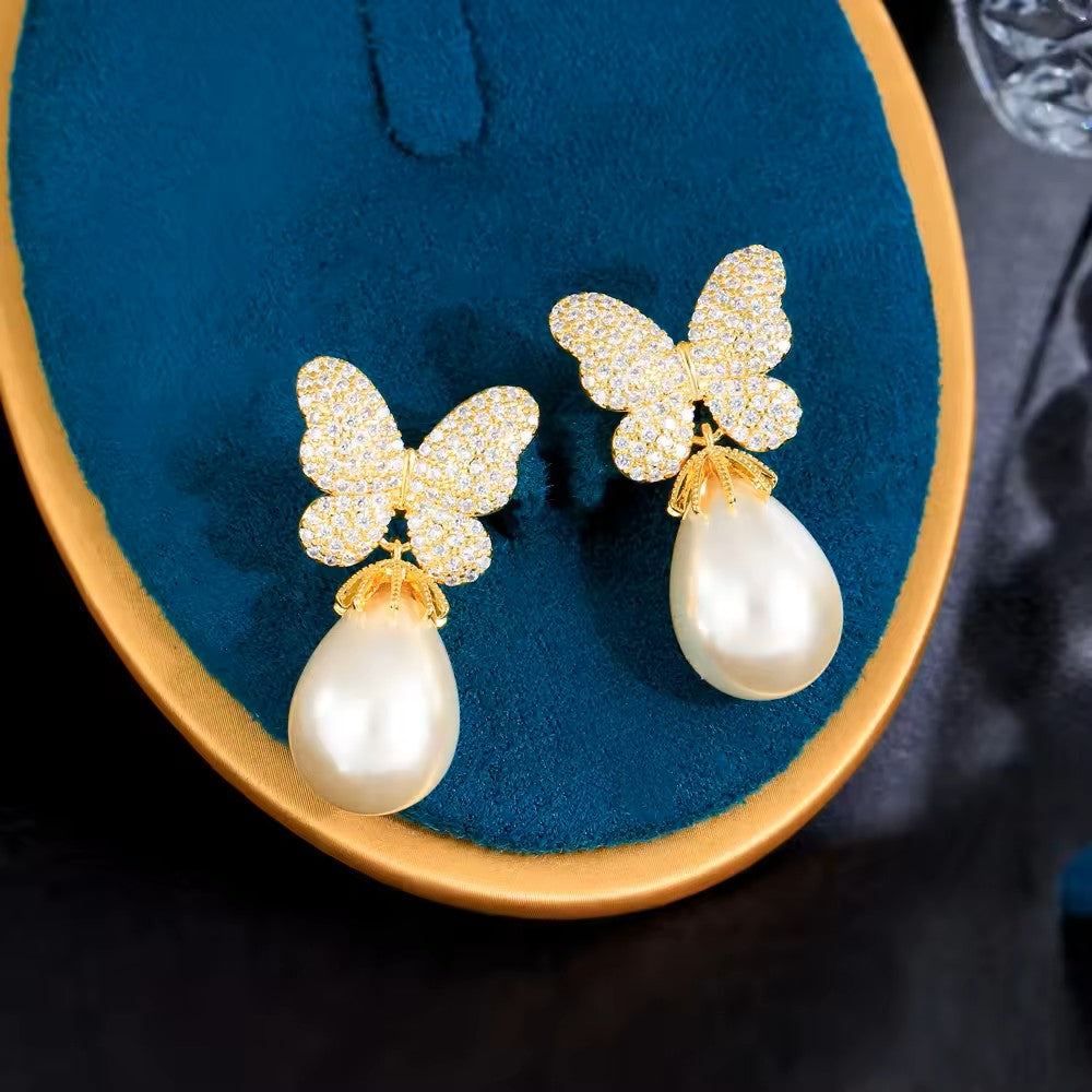 Diamond Pave (lab-created) Butterfly Pearl Earrings
