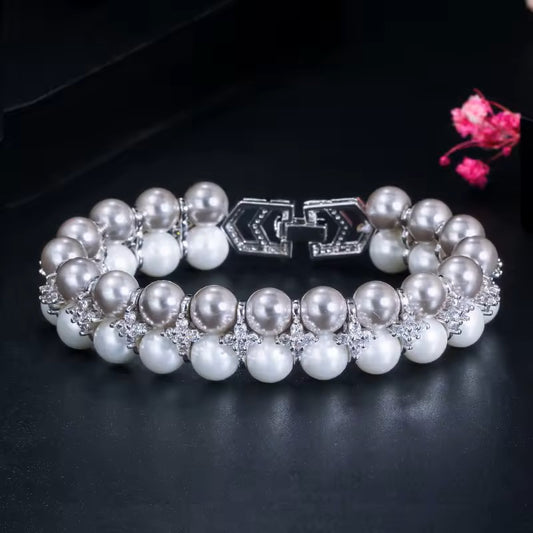 Kaylee: Gray and White Pearl and Diamond (lab-created) Tennis Style Bracelet