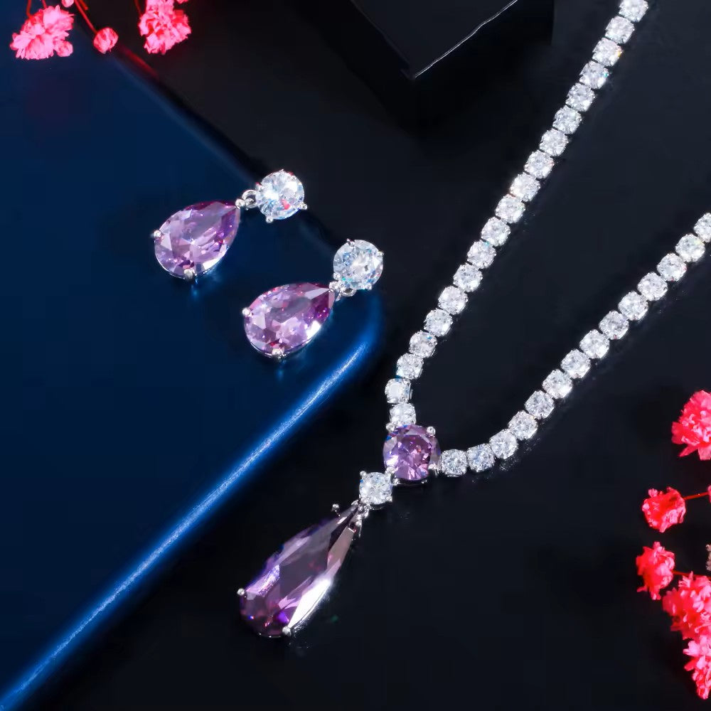 Melinda: Diamond (lab-created) Chain with Amethyst Teardrop Set