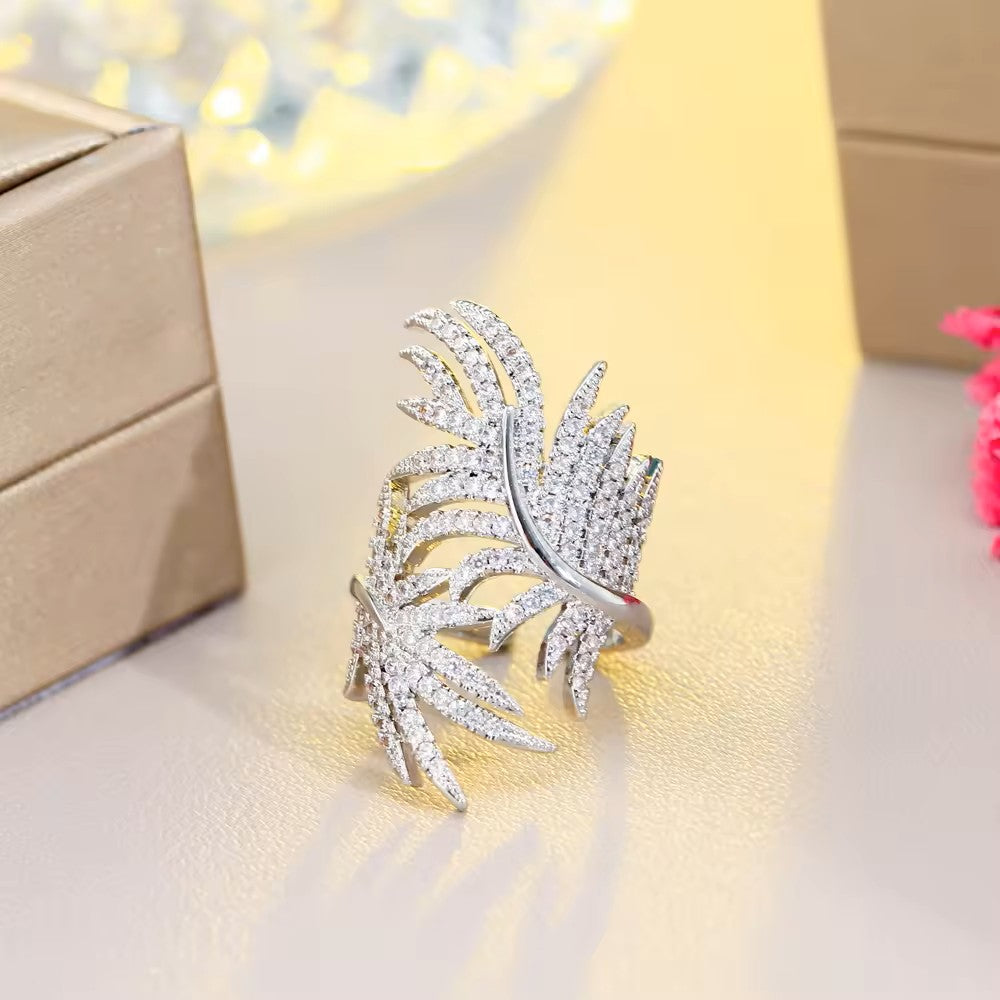 Pave lab-created Diamond Leaf Cocktail Ring (Adjustable)
